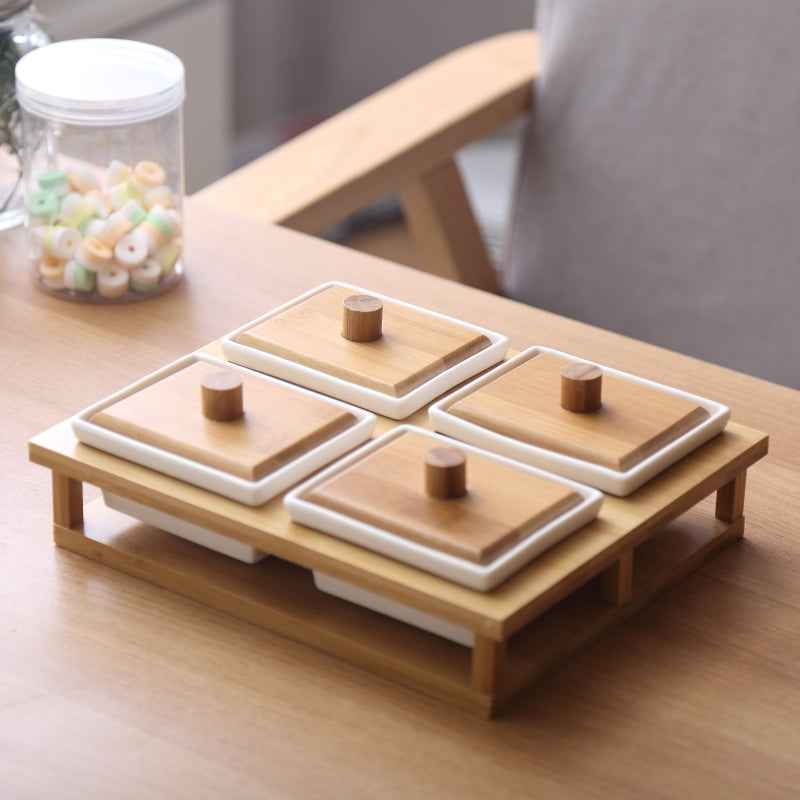 Modern Living Room Four Grids Dried Fruit Tray With Lid Ceramic Snack Storage Box