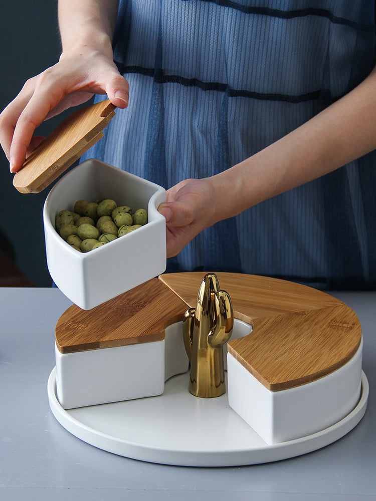 Modern Living Room Four Grids Dried Fruit Tray With Lid Ceramic Snack Storage Box